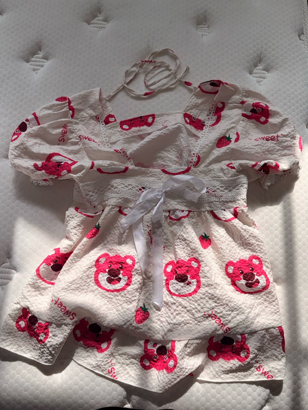 129 babydoll top White & pink bear pajama top